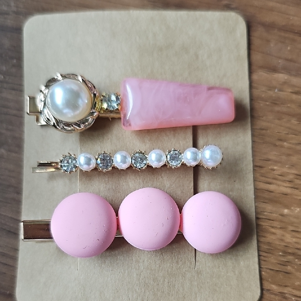 New Elegant Pink Rhinestone and Pearl Hair Clip Set Wedding Alligator Clip - Picture 1 of 3